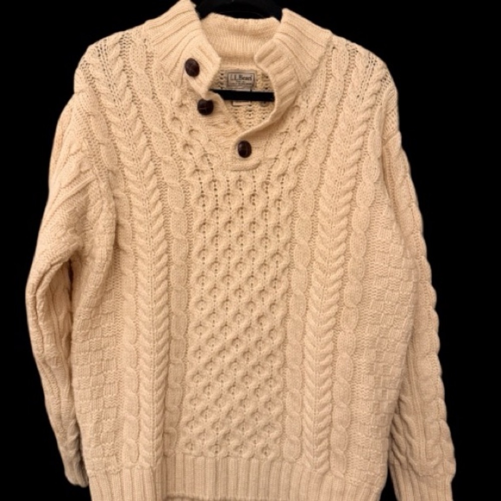 L.L. Bean Men's Beige Cable Knit Turtleneck Sweater - Picture 2 of 3